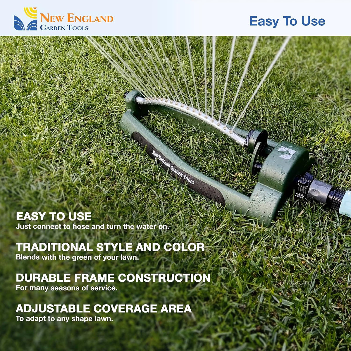 Oscillating Sprinkler 100006, Adjustable Pattern to Cover Up to 2,695 Square Feet, 17 Brass Nozzles on Metal Tube for Even Lawn Watering