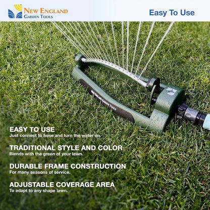 Oscillating Sprinkler 100006, Adjustable Pattern to Cover Up to 2,695 Square Feet, 17 Brass Nozzles on Metal Tube for Even Lawn Watering