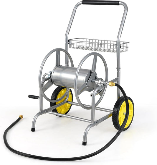 Garden Hose Reel Cart,Holds 230FT 5/8" or 300FT 1/2" Hose,10" Solid Tires, Foam Handle, Storage Basket for Yard, Lawn, Sliver