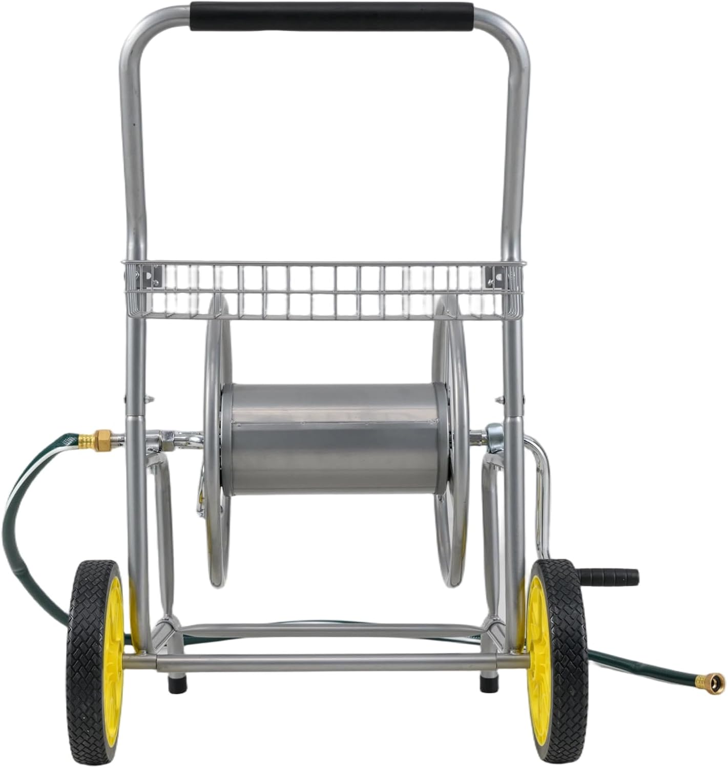 Garden Hose Reel Cart,Holds 230FT 5/8" or 300FT 1/2" Hose,10" Solid Tires, Foam Handle, Storage Basket for Yard, Lawn, Sliver