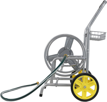 Garden Hose Reel Cart,Holds 230FT 5/8" or 300FT 1/2" Hose,10" Solid Tires, Foam Handle, Storage Basket for Yard, Lawn, Sliver