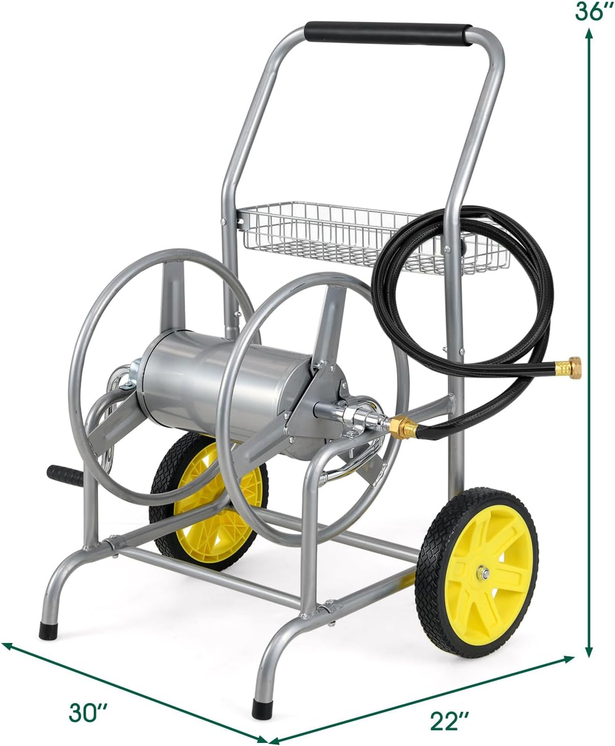 Garden Hose Reel Cart,Holds 230FT 5/8" or 300FT 1/2" Hose,10" Solid Tires, Foam Handle, Storage Basket for Yard, Lawn, Sliver