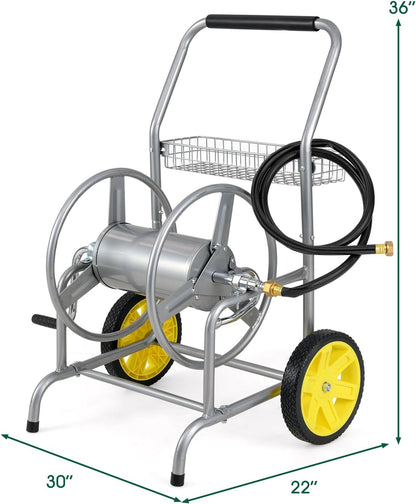 Garden Hose Reel Cart,Holds 230FT 5/8" or 300FT 1/2" Hose,10" Solid Tires, Foam Handle, Storage Basket for Yard, Lawn, Sliver