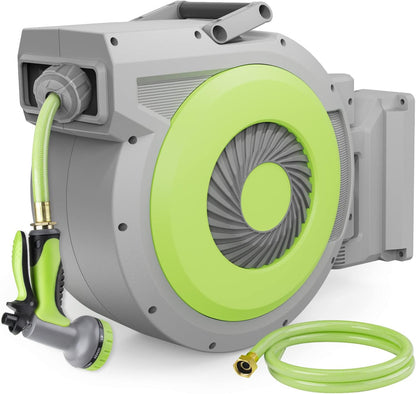 5/8" x 85 ft Retractable Garden Hose Reel, Wall Mount Retractable Water Hose with 10 Pattern Hose Nozzle, Any Length Lock/180° Swivel Automatic Hose Reels for Outside Garden Watering