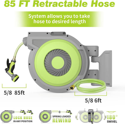 5/8" x 85 ft Retractable Garden Hose Reel, Wall Mount Retractable Water Hose with 10 Pattern Hose Nozzle, Any Length Lock/180° Swivel Automatic Hose Reels for Outside Garden Watering