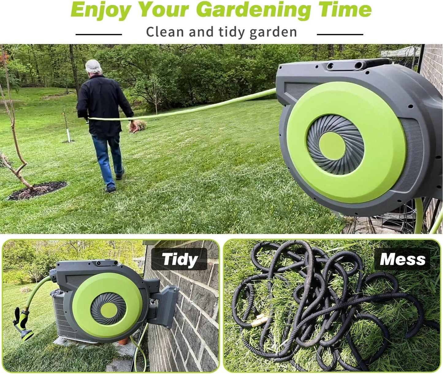 5/8" x 85 ft Retractable Garden Hose Reel, Wall Mount Retractable Water Hose with 10 Pattern Hose Nozzle, Any Length Lock/180° Swivel Automatic Hose Reels for Outside Garden Watering