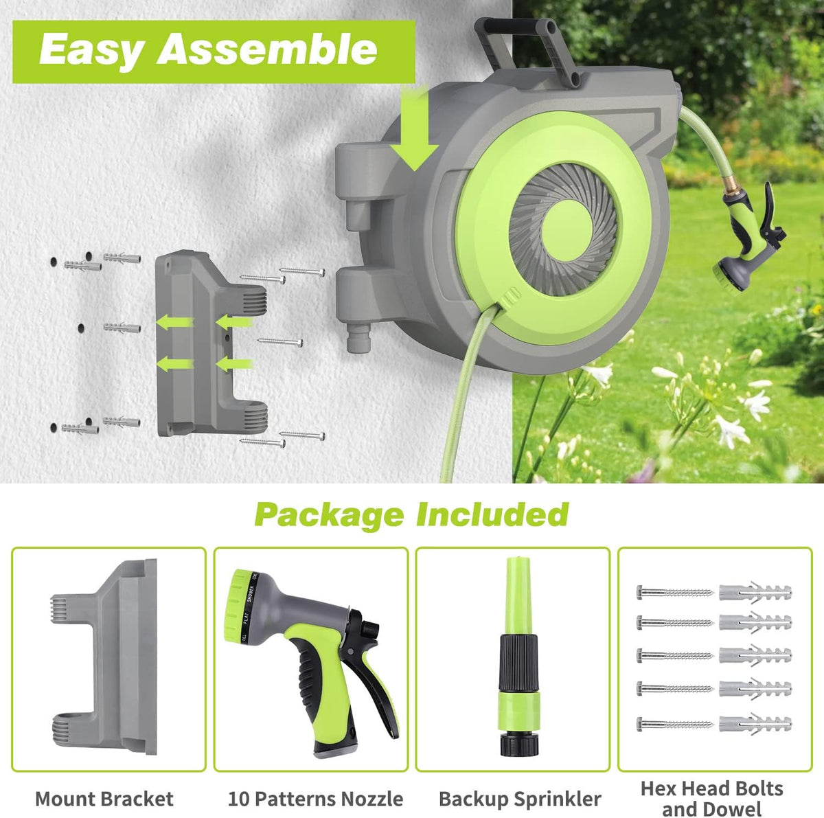 5/8" x 85 ft Retractable Garden Hose Reel, Wall Mount Retractable Water Hose with 10 Pattern Hose Nozzle, Any Length Lock/180° Swivel Automatic Hose Reels for Outside Garden Watering
