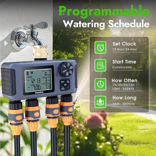 Water Timer with Brass Inlet, 4 Independent Zones Outdoor Hose Timer for Garden Faucet with Auto/Manual/Rain Delay Mode, IPX5 Waterproof, Sprinkler Irrigation Controller for Yard Lawn