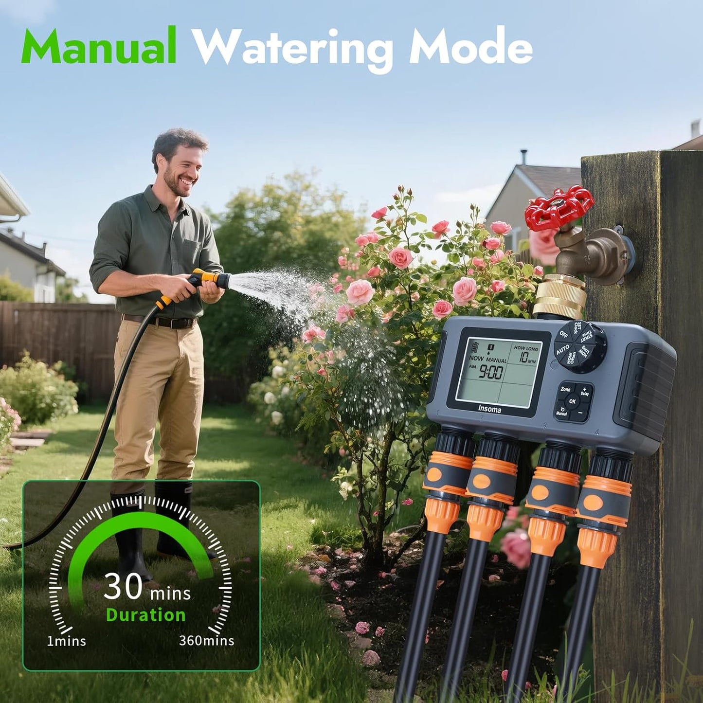 Water Timer with Brass Inlet, 4 Independent Zones Outdoor Hose Timer for Garden Faucet with Auto/Manual/Rain Delay Mode, IPX5 Waterproof, Sprinkler Irrigation Controller for Yard Lawn