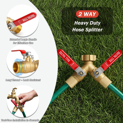 Garden Water Hose Splitter 2 Way Heavy Duty Brass Spigot Bib Dual Y Splitter Diverter Faucet