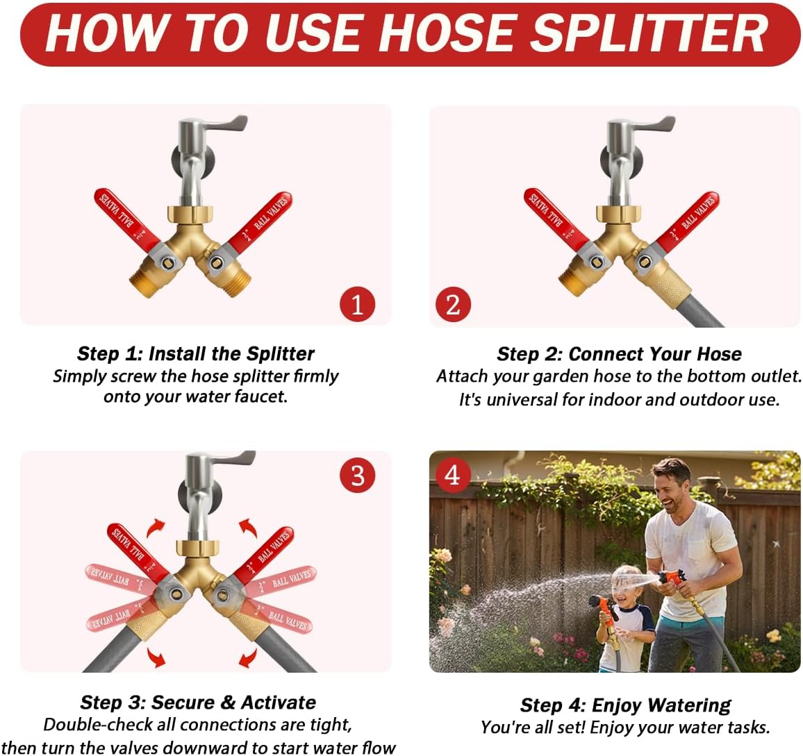 Garden Water Hose Splitter 2 Way Heavy Duty Brass Spigot Bib Dual Y Splitter Diverter Faucet