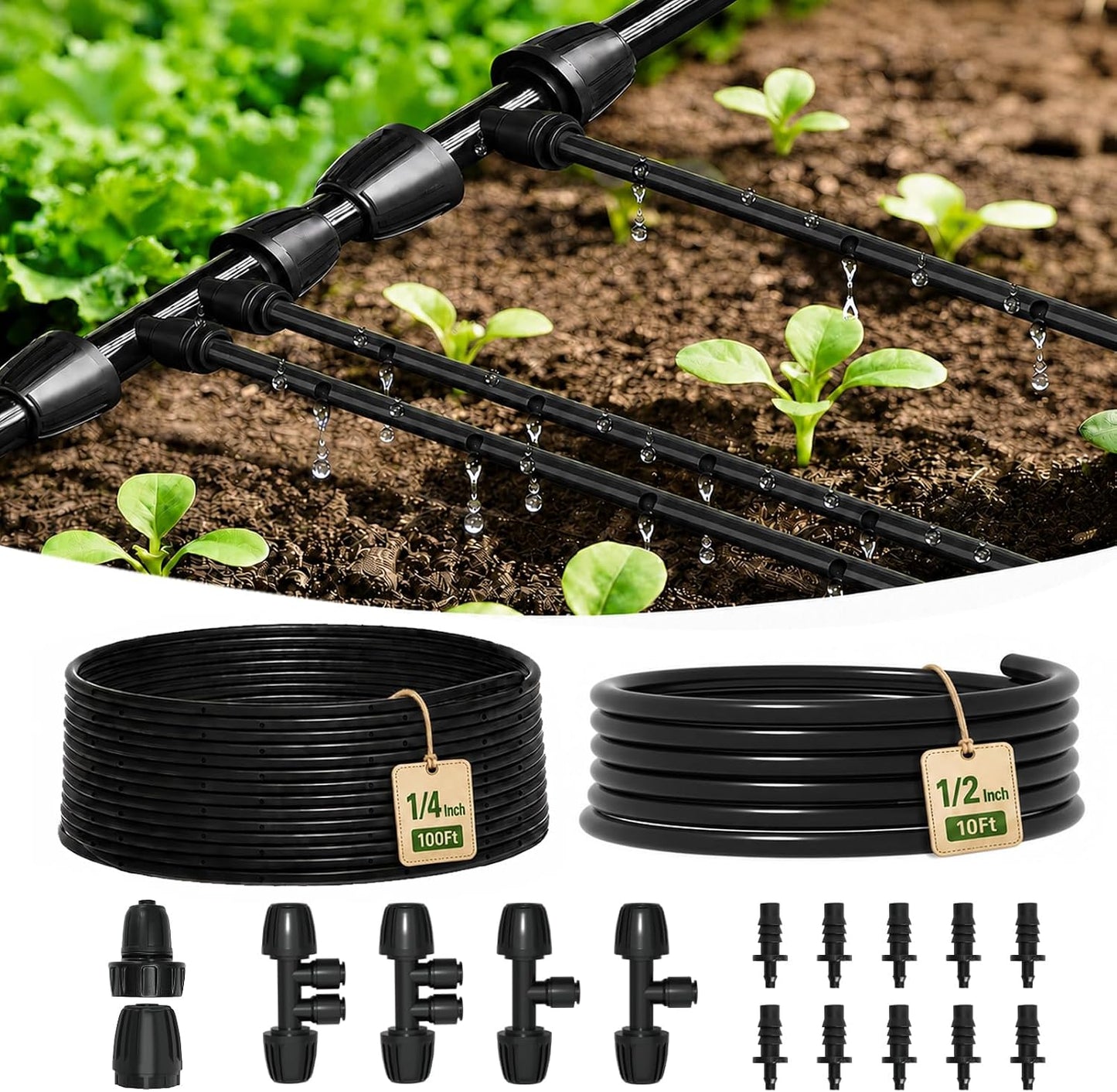 1/4" Irrigation Dripline Tubing Kit (100 Ft) with 10Ft 1/2" Main Line