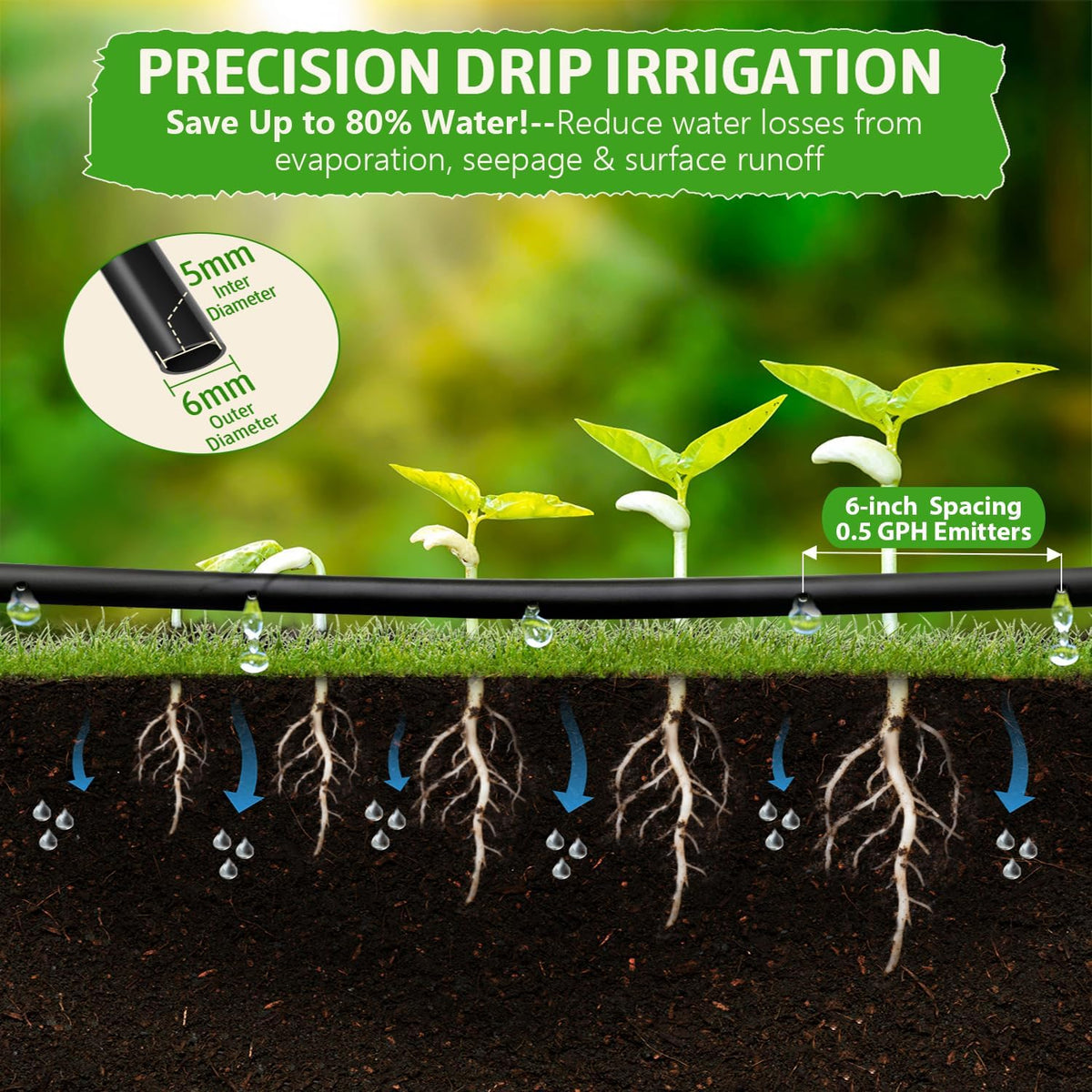 1/4" Irrigation Dripline Tubing Kit (100 Ft) with 10Ft 1/2" Main Line