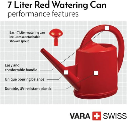 Durable Swiss Watering Can with UV Protection, Ergonomic Handle for Indoor/Outdoor Gardening, Made in Switzerland (7 Liter, Red)