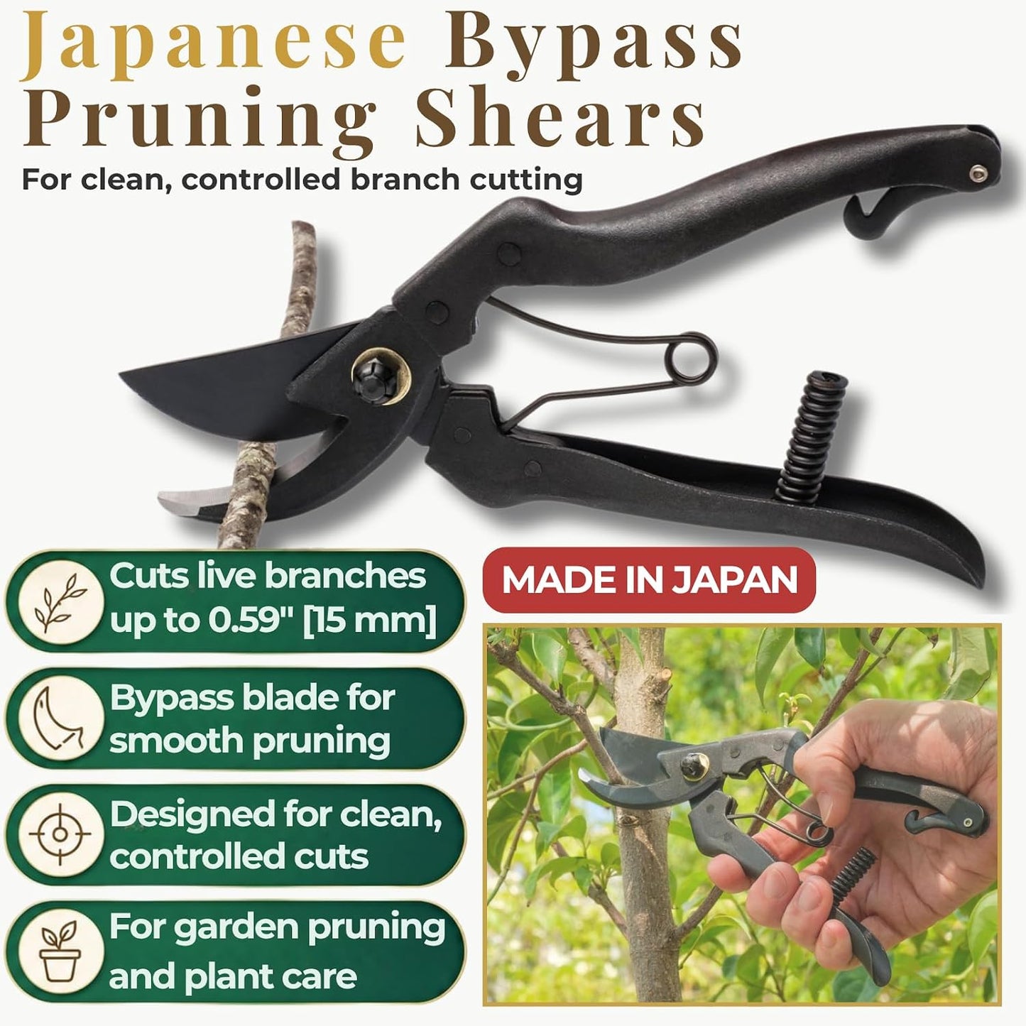 Japanese Pruning Shears, Bypass Garden Pruner 7.9", Made in Japan