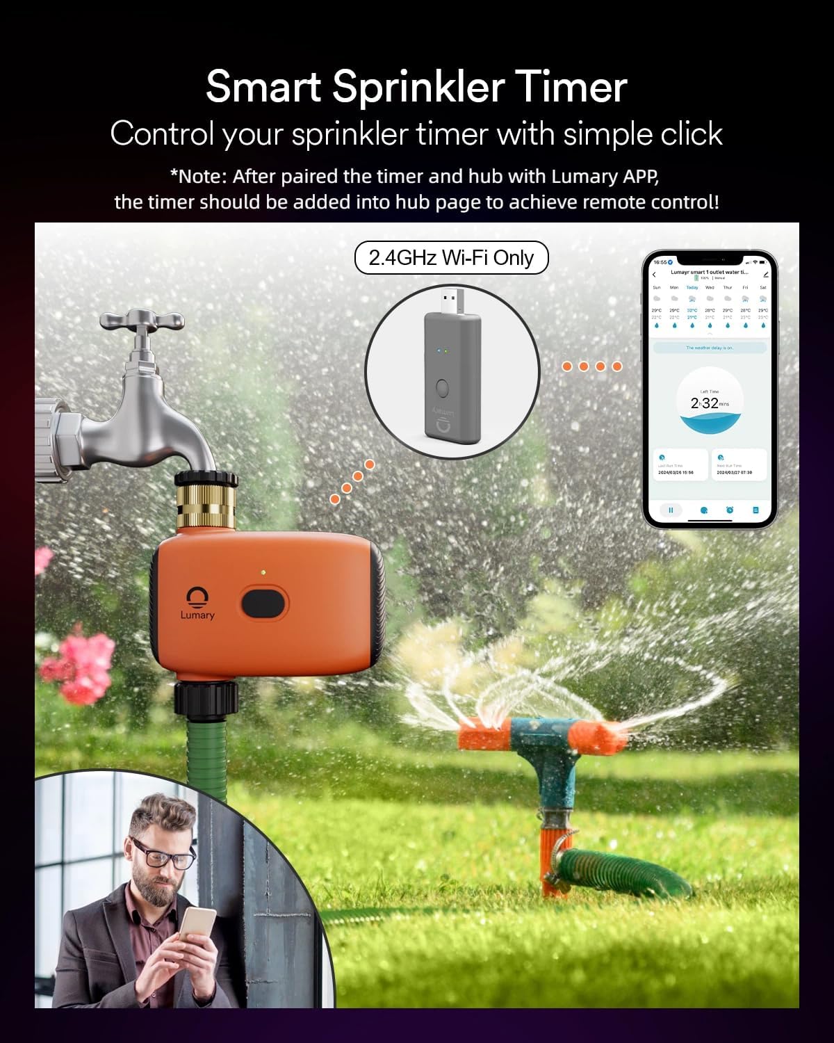 WiFi Water Timer for Garden Hose, Battery Sprinkler Timer for Watering Brass Inlet Outdoor, Rain Delay/Remote/Manual/Automatic Drip Irrigation System Programmable Faucet, Compatible with Alexa