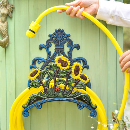 Cast Iron Heavy Duty Garden Hose Holder - Decorative Hand-Painted Sunflower Wall Mounted Water Hose Hanger - Wall Decoration Hanging Hose Rack - Hose Reel Storage Butler - Metal Hose Stand
