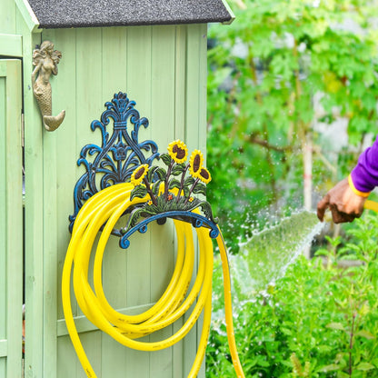 Cast Iron Heavy Duty Garden Hose Holder - Decorative Hand-Painted Sunflower Wall Mounted Water Hose Hanger - Wall Decoration Hanging Hose Rack - Hose Reel Storage Butler - Metal Hose Stand