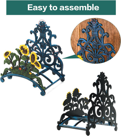 Cast Iron Heavy Duty Garden Hose Holder - Decorative Hand-Painted Sunflower Wall Mounted Water Hose Hanger - Wall Decoration Hanging Hose Rack - Hose Reel Storage Butler - Metal Hose Stand