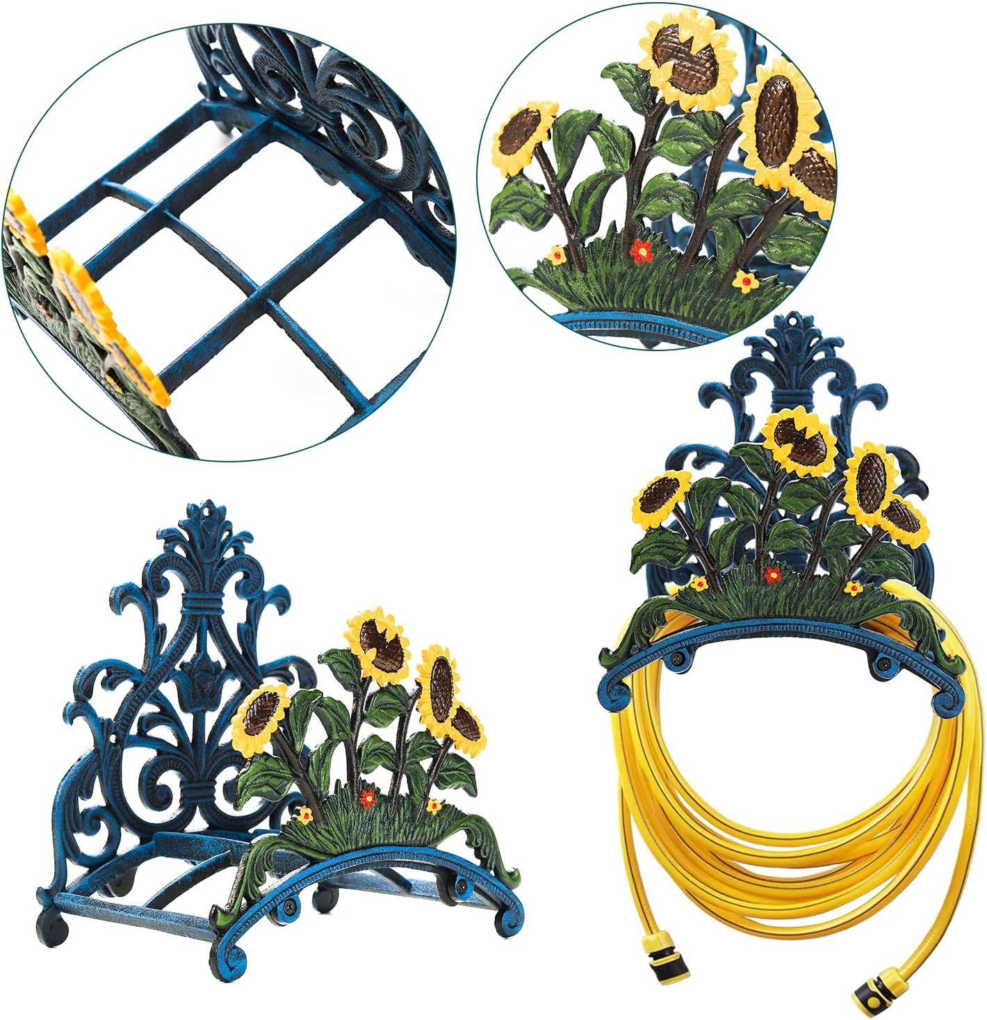 Cast Iron Heavy Duty Garden Hose Holder - Decorative Hand-Painted Sunflower Wall Mounted Water Hose Hanger - Wall Decoration Hanging Hose Rack - Hose Reel Storage Butler - Metal Hose Stand