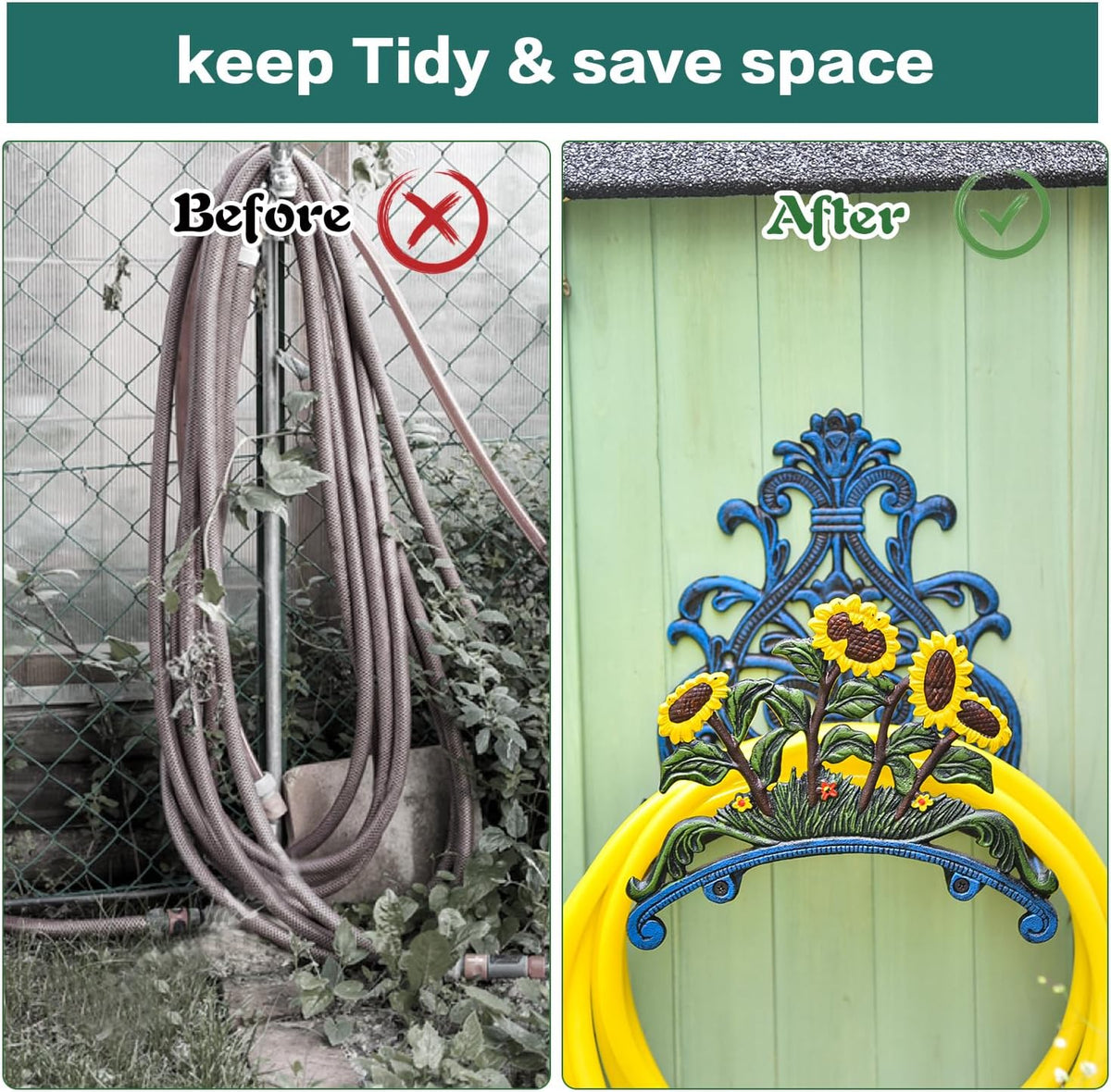 Cast Iron Heavy Duty Garden Hose Holder - Decorative Hand-Painted Sunflower Wall Mounted Water Hose Hanger - Wall Decoration Hanging Hose Rack - Hose Reel Storage Butler - Metal Hose Stand