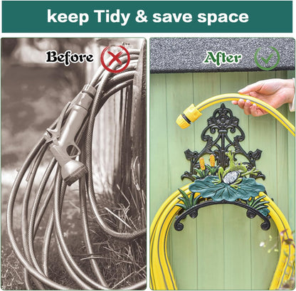Cast Iron Heavy Duty Garden Hose Holder - Decorative Hand-Painted Sunflower Wall Mounted Water Hose Hanger - Wall Decoration Hanging Hose Rack - Hose Reel Storage Butler - Metal Hose Stand