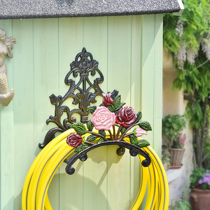 Cast Iron Heavy Duty Garden Hose Holder - Decorative Hand-Painted Sunflower Wall Mounted Water Hose Hanger - Wall Decoration Hanging Hose Rack - Hose Reel Storage Butler - Metal Hose Stand