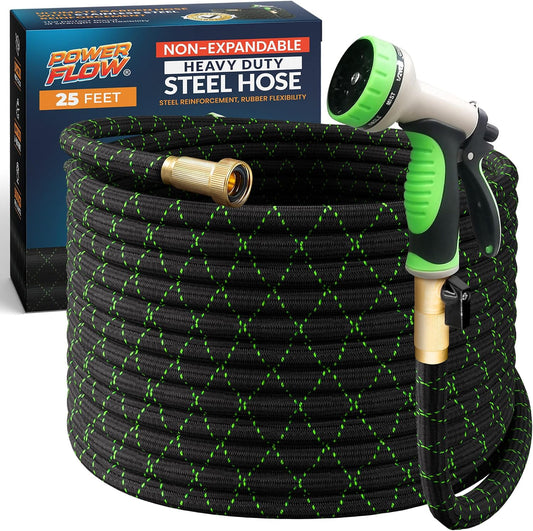 Garden Hose, NON-EXPANDABLE 25 Feet Premium Quality Stainless Steel Metal Water Hose with Durable Fabric Skin, Hose For Commercial, Residential Use, Bonus 10-way Spray Nozzle (25 Ft, Black)