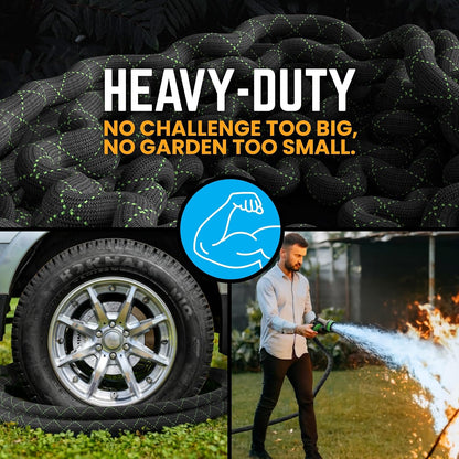Garden Hose, NON-EXPANDABLE 25 Feet Premium Quality Stainless Steel Metal Water Hose with Durable Fabric Skin, Hose For Commercial, Residential Use, Bonus 10-way Spray Nozzle (25 Ft, Black)