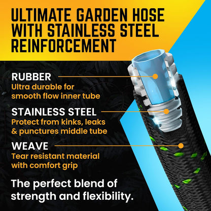 Garden Hose, NON-EXPANDABLE 25 Feet Premium Quality Stainless Steel Metal Water Hose with Durable Fabric Skin, Hose For Commercial, Residential Use, Bonus 10-way Spray Nozzle (25 Ft, Black)