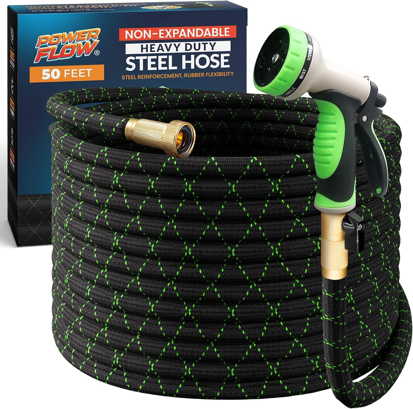 Garden Hose, NON-EXPANDABLE 25 Feet Premium Quality Stainless Steel Metal Water Hose with Durable Fabric Skin, Hose For Commercial, Residential Use, Bonus 10-way Spray Nozzle (25 Ft, Black)