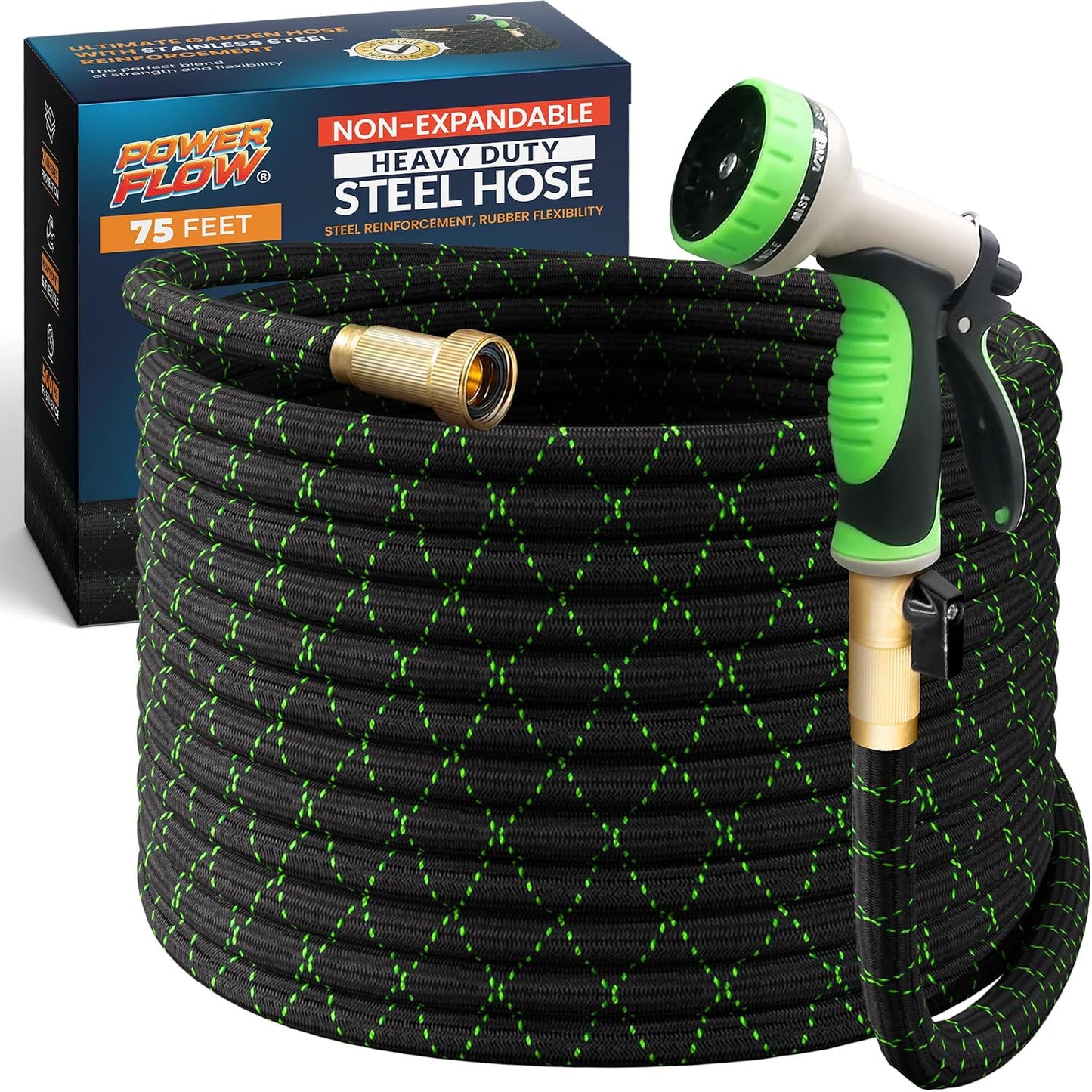 Garden Hose, NON-EXPANDABLE 25 Feet Premium Quality Stainless Steel Metal Water Hose with Durable Fabric Skin, Hose For Commercial, Residential Use, Bonus 10-way Spray Nozzle (25 Ft, Black)