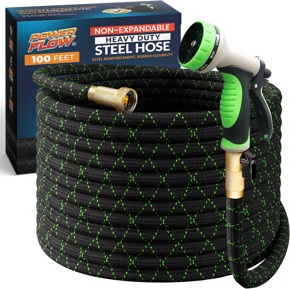 Garden Hose, NON-EXPANDABLE 25 Feet Premium Quality Stainless Steel Metal Water Hose with Durable Fabric Skin, Hose For Commercial, Residential Use, Bonus 10-way Spray Nozzle (25 Ft, Black)