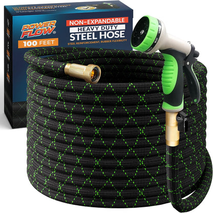Garden Hose, NON-EXPANDABLE 25 Feet Premium Quality Stainless Steel Metal Water Hose with Durable Fabric Skin, Hose For Commercial, Residential Use, Bonus 10-way Spray Nozzle (25 Ft, Black)