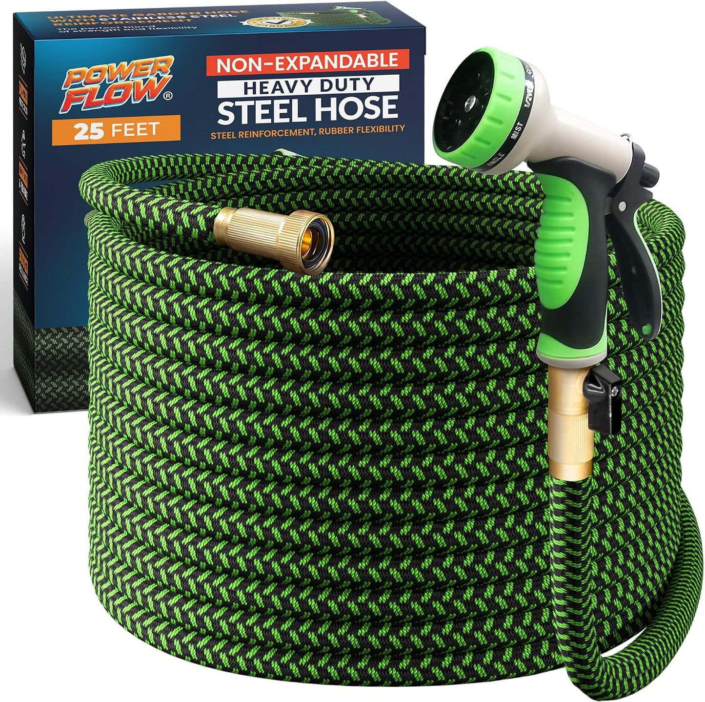 Garden Hose, NON-EXPANDABLE 25 Feet Premium Quality Stainless Steel Metal Water Hose with Durable Fabric Skin, Hose For Commercial, Residential Use, Bonus 10-way Spray Nozzle (25 Ft, Black)