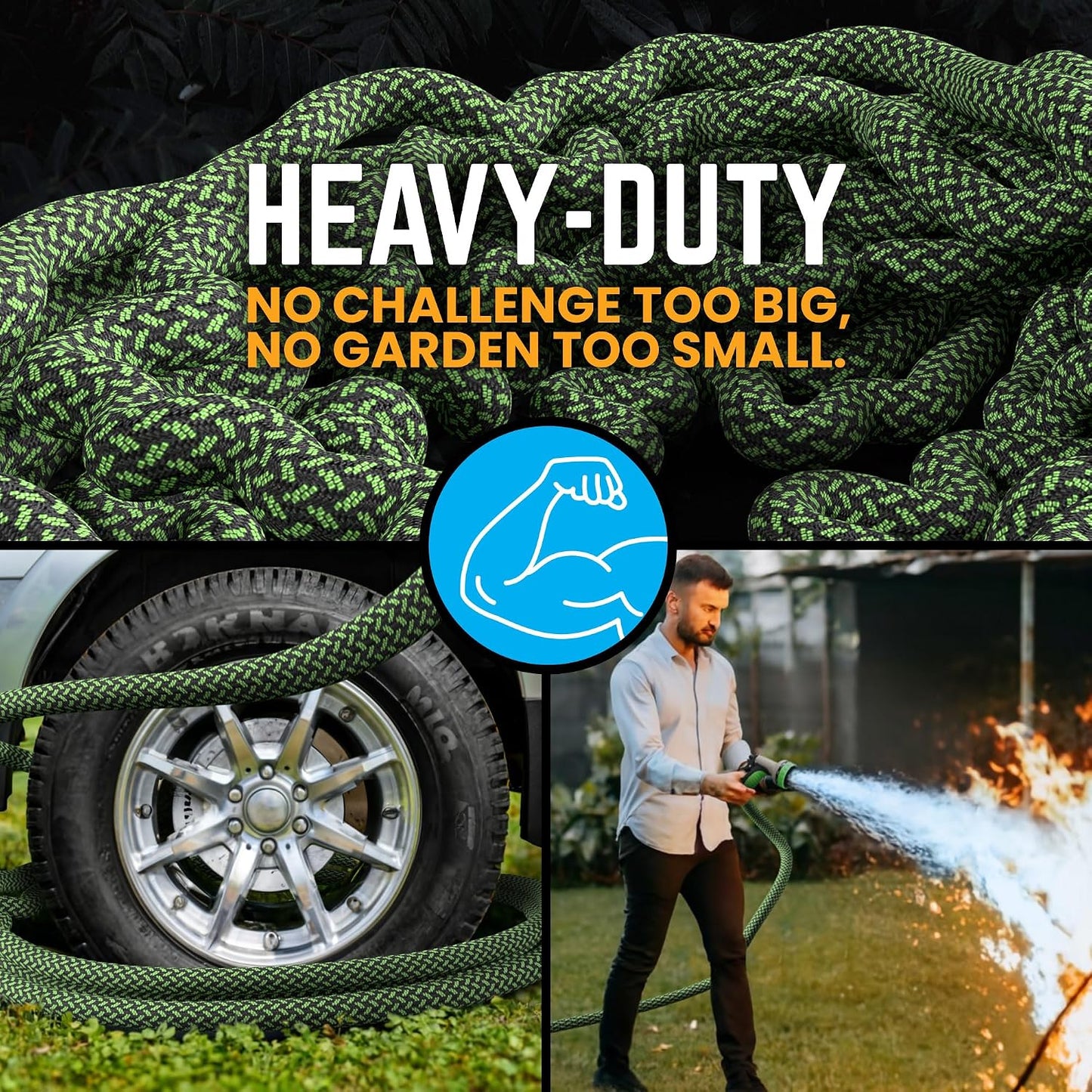 Garden Hose, NON-EXPANDABLE 25 Feet Premium Quality Stainless Steel Metal Water Hose with Durable Fabric Skin, Hose For Commercial, Residential Use, Bonus 10-way Spray Nozzle (25 Ft, Black)