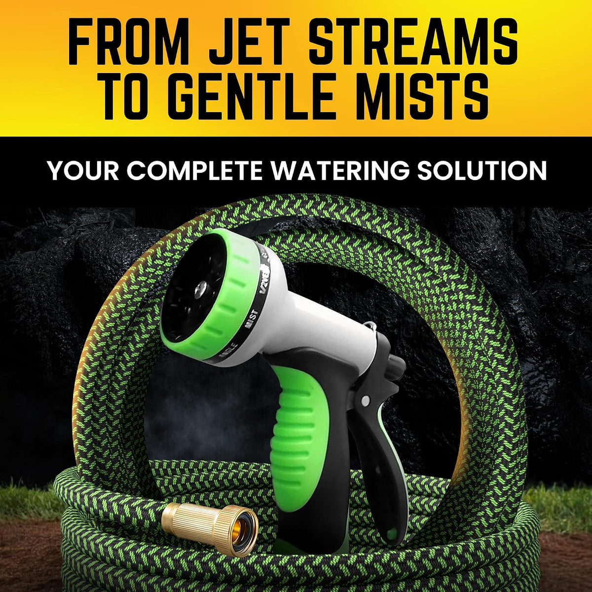 Garden Hose, NON-EXPANDABLE 25 Feet Premium Quality Stainless Steel Metal Water Hose with Durable Fabric Skin, Hose For Commercial, Residential Use, Bonus 10-way Spray Nozzle (25 Ft, Black)
