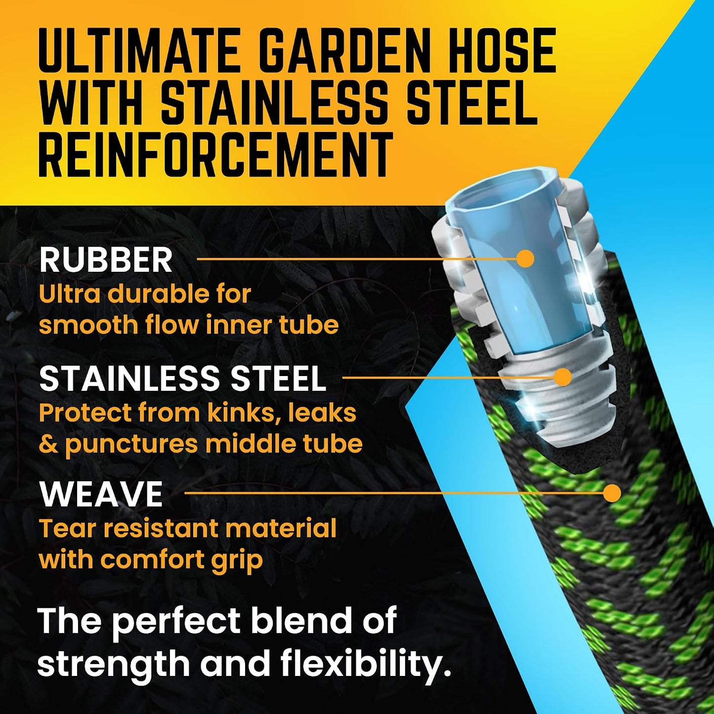Garden Hose, NON-EXPANDABLE 25 Feet Premium Quality Stainless Steel Metal Water Hose with Durable Fabric Skin, Hose For Commercial, Residential Use, Bonus 10-way Spray Nozzle (25 Ft, Black)