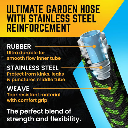 Garden Hose, NON-EXPANDABLE 25 Feet Premium Quality Stainless Steel Metal Water Hose with Durable Fabric Skin, Hose For Commercial, Residential Use, Bonus 10-way Spray Nozzle (25 Ft, Black)