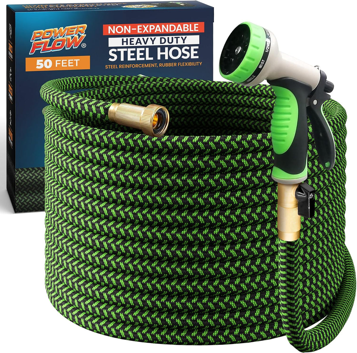 Garden Hose, NON-EXPANDABLE 25 Feet Premium Quality Stainless Steel Metal Water Hose with Durable Fabric Skin, Hose For Commercial, Residential Use, Bonus 10-way Spray Nozzle (25 Ft, Black)