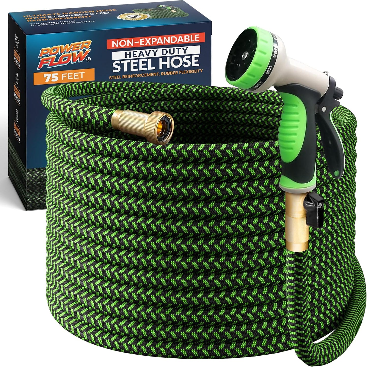 Garden Hose, NON-EXPANDABLE 25 Feet Premium Quality Stainless Steel Metal Water Hose with Durable Fabric Skin, Hose For Commercial, Residential Use, Bonus 10-way Spray Nozzle (25 Ft, Black)