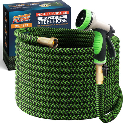 Garden Hose, NON-EXPANDABLE 25 Feet Premium Quality Stainless Steel Metal Water Hose with Durable Fabric Skin, Hose For Commercial, Residential Use, Bonus 10-way Spray Nozzle (25 Ft, Black)