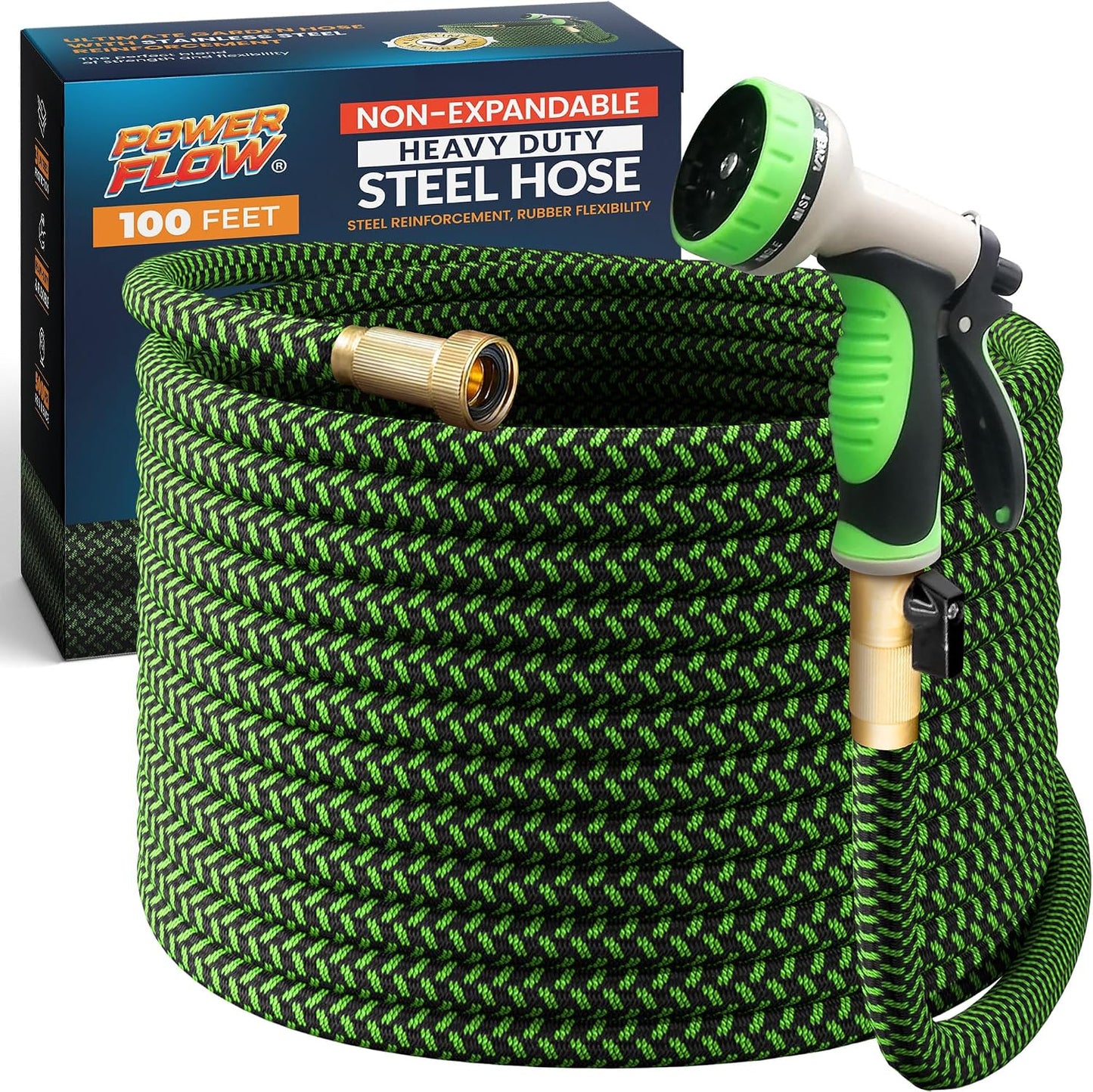 Garden Hose, NON-EXPANDABLE 25 Feet Premium Quality Stainless Steel Metal Water Hose with Durable Fabric Skin, Hose For Commercial, Residential Use, Bonus 10-way Spray Nozzle (25 Ft, Black)