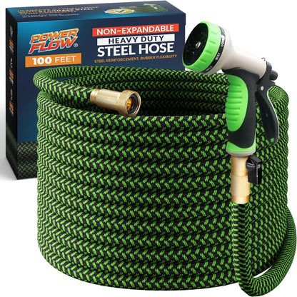 Garden Hose, NON-EXPANDABLE 25 Feet Premium Quality Stainless Steel Metal Water Hose with Durable Fabric Skin, Hose For Commercial, Residential Use, Bonus 10-way Spray Nozzle (25 Ft, Black)