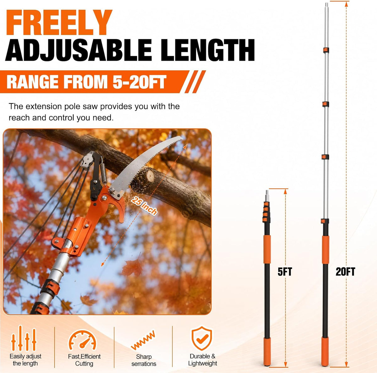 26FT Reach Tree Trimmer, Manual Pole Saw with 5-20FT Extension Pole, Tree Pruner Extendable for High Tree Branch Trimming Pruning Cutting