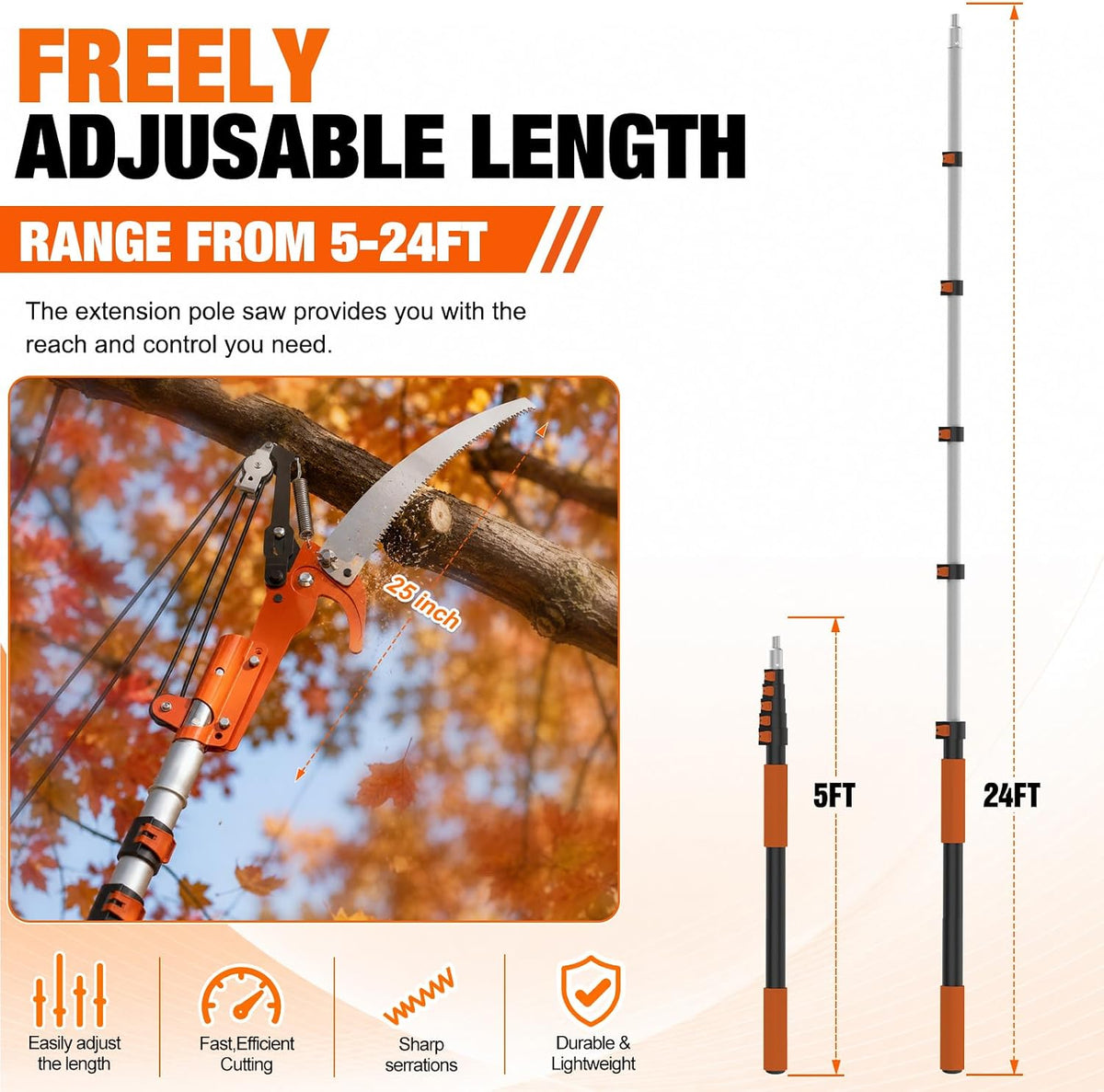 26FT Reach Tree Trimmer, Manual Pole Saw with 5-20FT Extension Pole, Tree Pruner Extendable for High Tree Branch Trimming Pruning Cutting