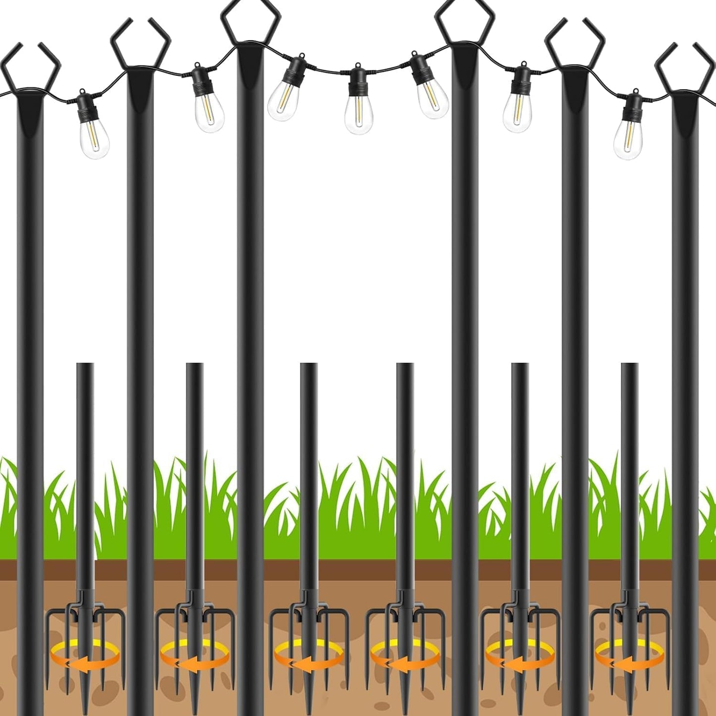 6 Pack String Light Poles, Outdoor String Light Pole 10 ft Forked Metal Light Pole with Adjustable Outdoor Light Stand, Deck, Backyard, Garden, Wedding, Rustproof and Sturdy with Hooks.