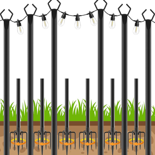 6 Pack String Light Poles, Outdoor String Light Pole 10 ft Forked Metal Light Pole with Adjustable Outdoor Light Stand, Deck, Backyard, Garden, Wedding, Rustproof and Sturdy with Hooks.