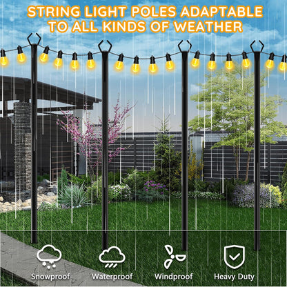 6 Pack String Light Poles, Outdoor String Light Pole 10 ft Forked Metal Light Pole with Adjustable Outdoor Light Stand, Deck, Backyard, Garden, Wedding, Rustproof and Sturdy with Hooks.
