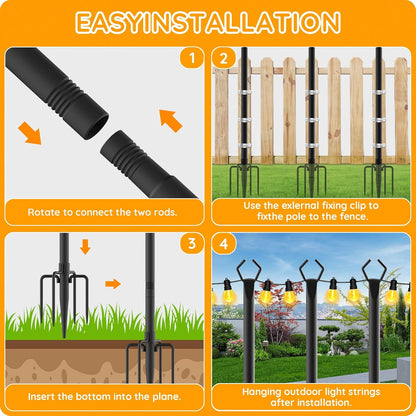 6 Pack String Light Poles, Outdoor String Light Pole 10 ft Forked Metal Light Pole with Adjustable Outdoor Light Stand, Deck, Backyard, Garden, Wedding, Rustproof and Sturdy with Hooks.